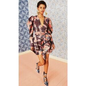 Ulla Johnson Semira Tiered Puff Sleeve Silk Tie Dye Mini Dress Womens Size 8